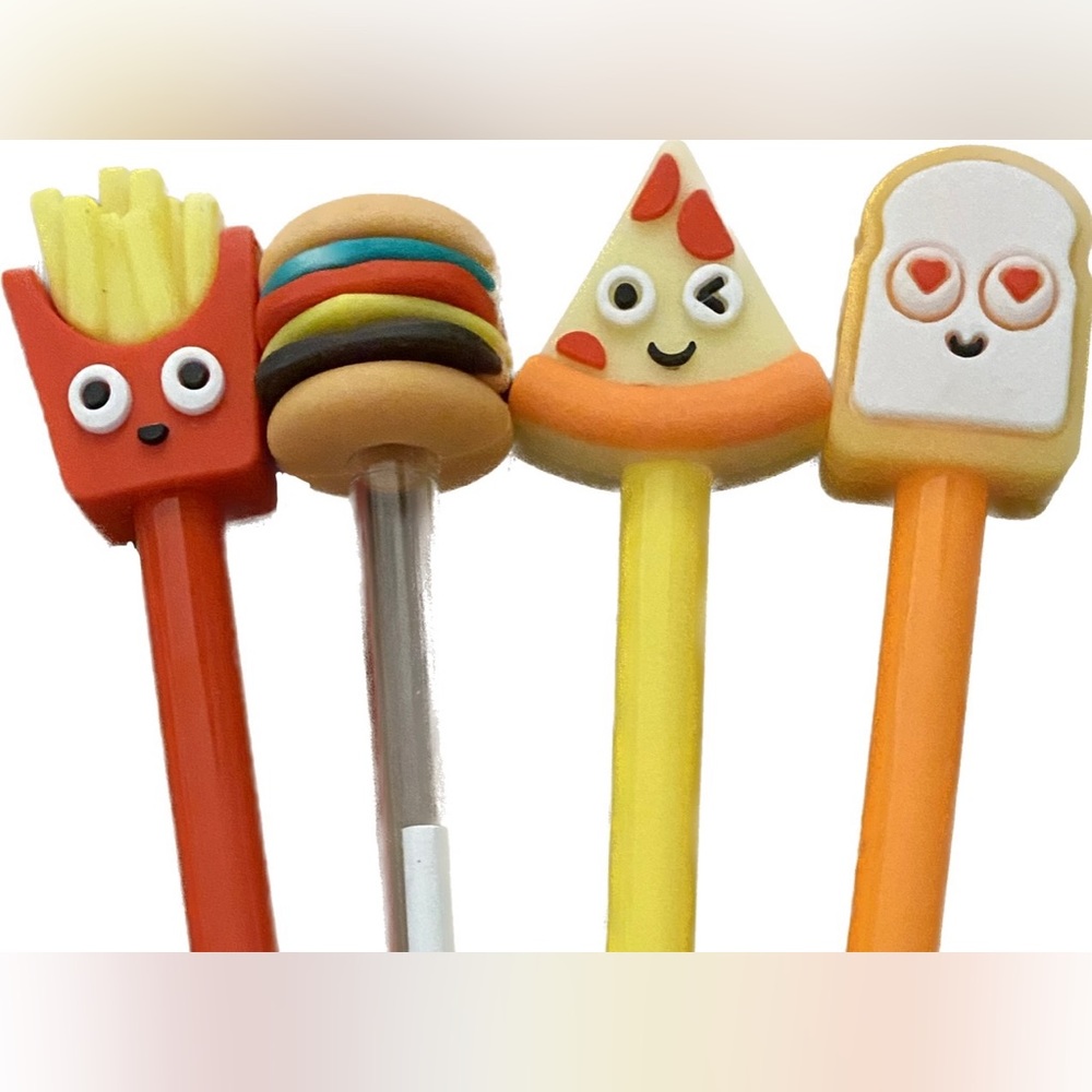Set of 4 Fast Food pens, burger, French fries, pizza, toast